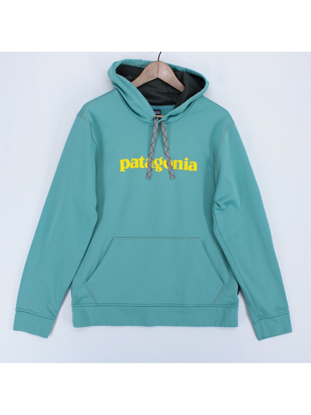 Patagonia Text Logo PolyCycle Hoodie Mens M Teal Pullover Fleece Sweatshirt - Picture 2 of 15